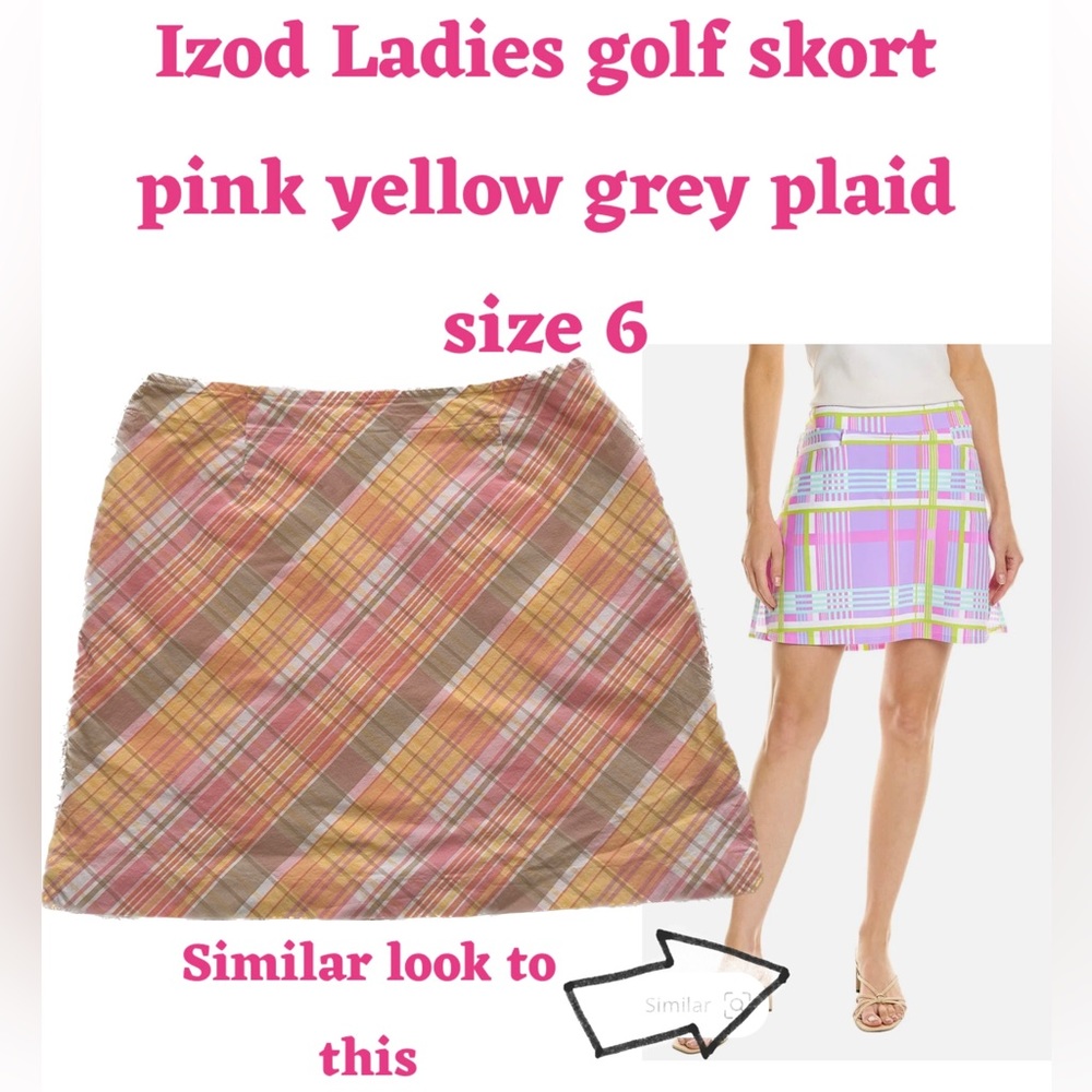 Izod Ladies golf exercise fun skort pink yellow grey plaid sz 6 spring skirt